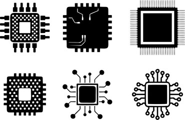 Microchip CPU and mother board icons set. Printing of computer parts packing. Technology and AI symbols in high HD resolution for reuse in designing digital banner or poster.