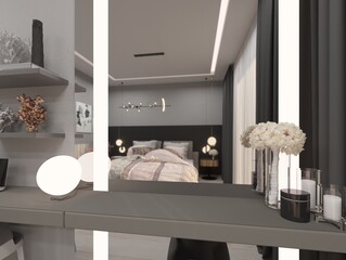 3d render of bedroom design with suspended ceiling lighting. Detail render from mirror. 3d rendering