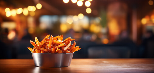 Sweet potato fries, blurred background, restaurant ambiance, space for text - obrazy, fototapety, plakaty