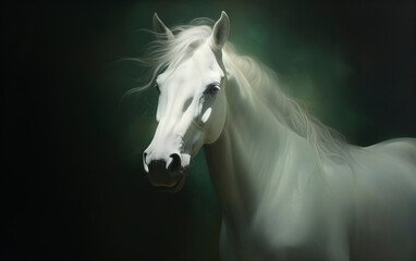 Portrait style image of a horse in white mint green color. Ethereal lighting composition.