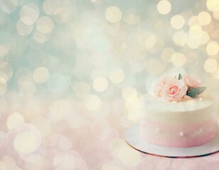 Pastel watercolour background with a birthday cake. Copyspace, bokeh effect. 