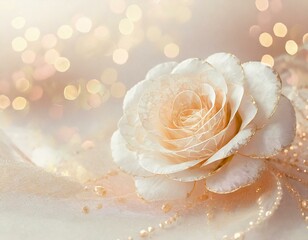 Fototapeta premium Pastel watercolour wedding background with a golden and white rose flower. Copyspace, bokeh effect. 