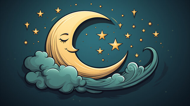 cartoon crescent moon on a blue sky background, art character, good night children