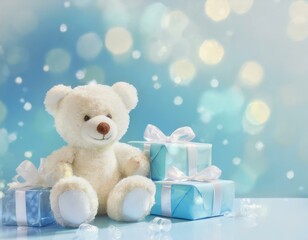 Blue pastel watercolour background with cute teddy bear and birthday gifts.  Copyspace, bokeh effect. 