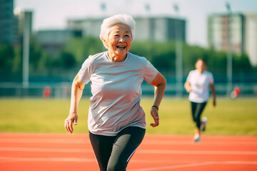 Obraz premium Happy elderly woman running in the stadium. Attractive looking mature woman keeping fit and healthy. Retired people and sports. Active old woman.