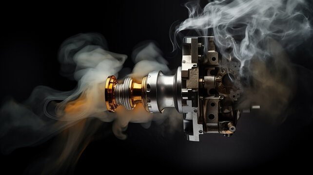 a running wound-up internal combustion engine is isolated on a black background, there is smoke, a car spare part is fictional graphics