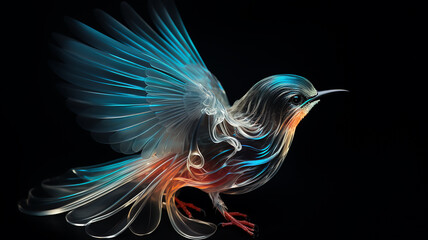 a small bird on a black background, glass transparent sculpture isolated on a black background, luminous luminescent colors