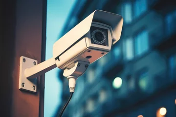Fototapeten High-tech surveillance camera installed on city streets, video surveillance system © cvetikmart