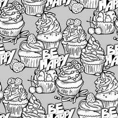 Tasty sweet cupcake dessert decorative seamless vector pattern for textile design, fabric print, digital or wrapping, wall paper, background and backdrop, bakery shop decoration, cafe, restaurant menu