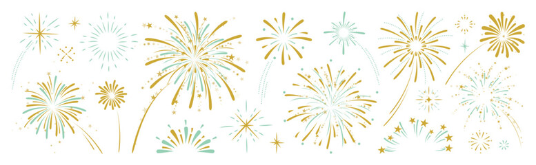 Set of new year firework vector illustration. Collection of golden, light green fireworks on white background. Art design suitable for decoration, print, poster, banner, wallpaper, card, cover.