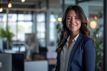 Obraz premium Woman in office smiling looking directly at camera
