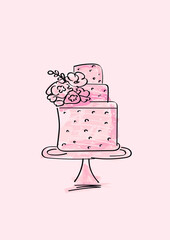 Continuous line drawing of cake on bright background. Celebration concept.