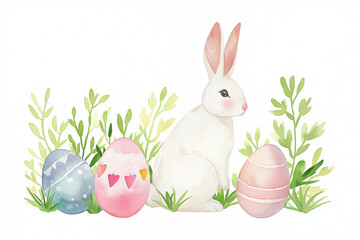 ウサギとイースターエッグの水彩イラスト、イースターバニー