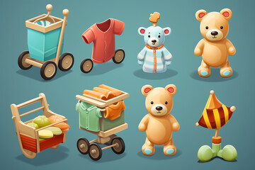 Baby cartoon 3d icon set. Child, clothes, bear, toys, medicine, stroller, baby food, cradle