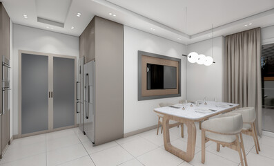 Render of modern kitchen design with TV, spot lighting and dining table. 3d rendering.