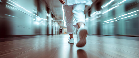 doctor walking fast in a hospital - Motion blur medical shot. 