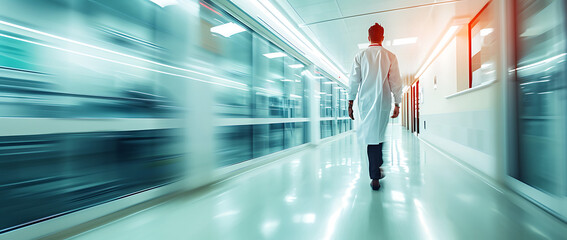 doctor walking fast in a hospital - Motion blur medical shot. 