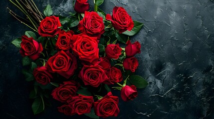 Valentines Day background with red roses and hearts on black background