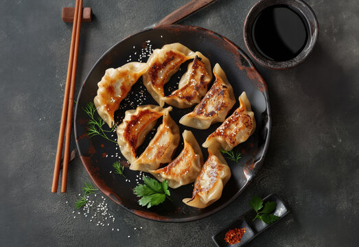 Japanese gyozas on a plate, chopsticks, soy sauce, and pepper on the side, on top of a dark marble table, top view