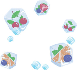 Obraz premium Ice cubes with fruit cherry, strawberry, blueberry, orange slice. Refreshing summer drinks ingredients vector illustration.
