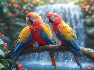 Two vibrant parrots, one a majestic macaw and the other a playful parakeet, sit perched on a tree branch, their colorful feathers glinting in the outdoor light as they gaze out at the world with thei