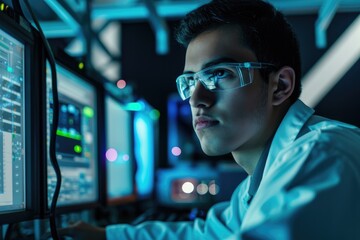 A young man works as a scientist in a technological research institution