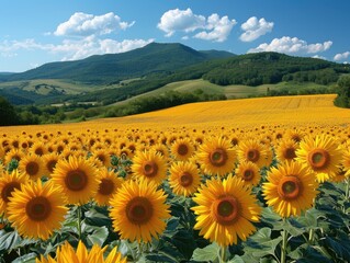 Fototapeta premium A majestic field of sunflowers bask under the vibrant summer sky, surrounded by rolling hills and distant mountains, creating a picturesque landscape filled with natural beauty and warmth