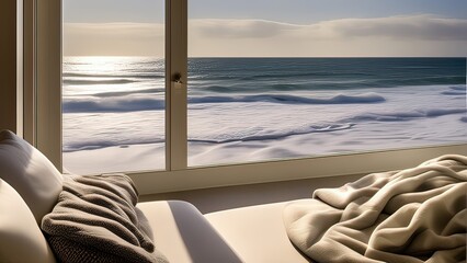 Serene Ocean View: Witness the Majestic Waves from a Cozy, Sunlit Room