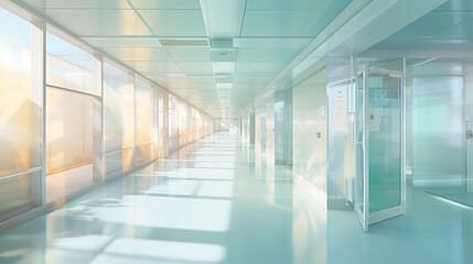 Obraz premium hospital corridor with light shining through glass, in the style of soft pastel colors, medical themes. 