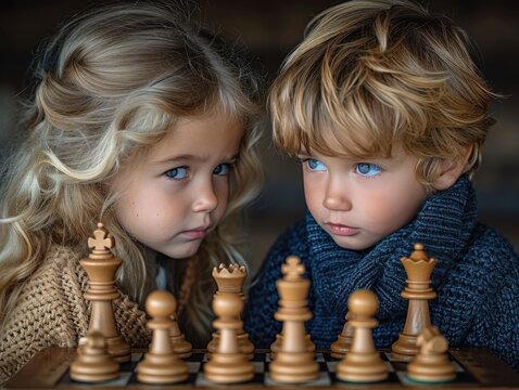 A curious toddler and a young girl engage in a strategic battle of minds over the checkered chessboard, their intense focus mirrored in the carved faces of the chessmen