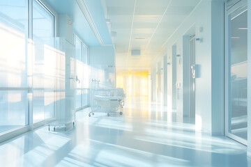 hospital corridor with light shining through glass, in the style of soft pastel colors, medical themes. 
