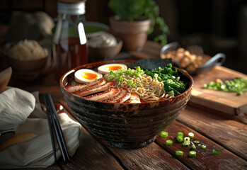 Ramen noodles bowl with eggs, pork, seaweed, and green onions, on top of a wooden table, chopsticks on the side