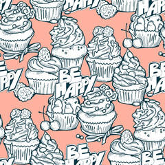 Tasty sweet cupcake dessert decorative seamless vector pattern for textile design, fabric print, digital or wrapping, wall paper, background and backdrop, bakery shop decoration, cafe, restaurant menu