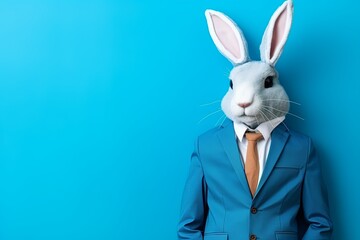 animal rabbit concept Anthromophic friendly rabbit wearing suite formal business suit pretending to work in coporate workplace studio shot on plain color wall