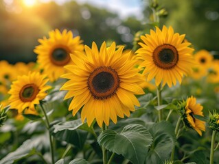 Obraz premium Vibrant sunflowers sway in the summer breeze, their golden petals reaching towards the endless blue sky, bursting with life and potential