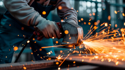 Man working with angle grinder and polishing metal with sparks - obrazy, fototapety, plakaty
