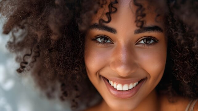 cheerful african american woman with curly hair, close-up portrait radiating warmth and happiness