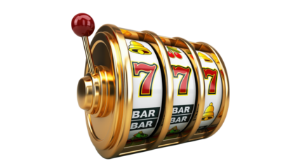 golden casino slots machine with number 7s, transparent background