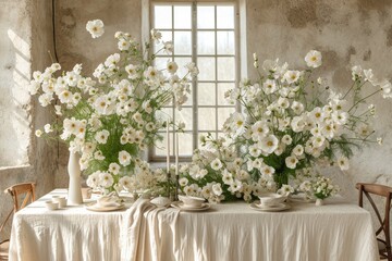 An elegant and romantic tablescape adorned with white roses, flickering candles, and delicate floral arrangements creates a dreamy atmosphere perfect for a wedding reception