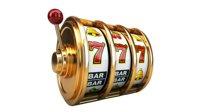 golden casino slots machine with number 7s, transparent background