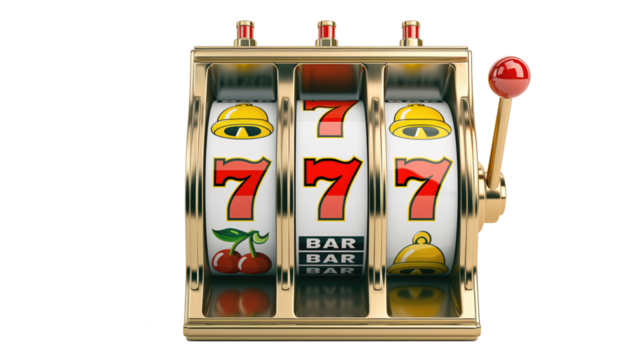 golden casino slots machine with number 7s, transparent background - Powered by Adobe
