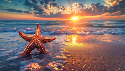 a small starfish sits on the beach during sunset - obrazy, fototapety, plakaty