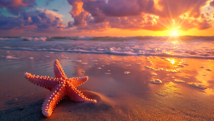 Fototapeta na wymiar a small starfish sits on the beach during sunset