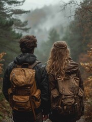 As the fog settled among the autumn trees, the couple's jackets blended in with the surrounding nature, their backpacks hinting at the adventure ahead