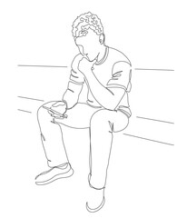 Man using phone. Sitting on bench supporting head with hand. Focused on phone screen. Continuous line drawing. Black and white vector in line art style.