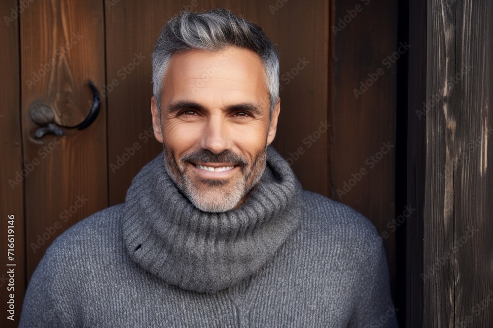 Wall mural Portrait of a happy man in his 50s dressed in a warm wool sweater against a rustic wooden wall. AI Generation - Wall murals