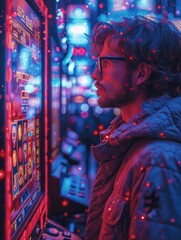 A curious man with glasses and a striking red coat gazes intently at the flashing lights of a slot machine, his human face revealing a mixture of excitement and determination in this indoor setting