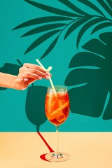 Contemporary art collage. Female hand stir Aperol Spritz cocktail with straw against mint-cream background with silhouettes of plants. Concept of parties and holidays, Friday mood, summertime.