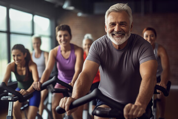 Fototapeta na wymiar Fit mature man in sportswear doing a cycling class in a gym with a diverse group of people.