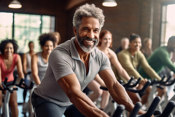 Fototapeta na wymiar Sporty mature African man engages in cardio training while cycling on a stationary bike, surrounded by a diverse group of people.